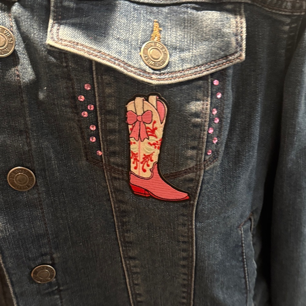 Women's Denim Jean Jacket with Pink Embroidery - Picture 3 of 3